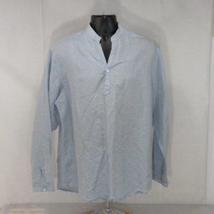 Cubavera Mens Shirt L Blue Linen Blend Half Button V Neck Band Collar Lounge